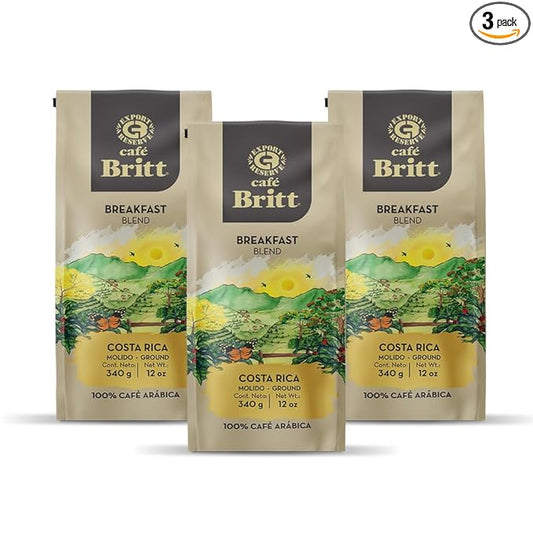 Café Britt® - Costa Rican Breakfast Blend Coffee (12 oz.) (3-Pack) - Ground, Arabica Coffee, Kosher, Gluten Free, 100% Gourmet & Medium Dark Roast