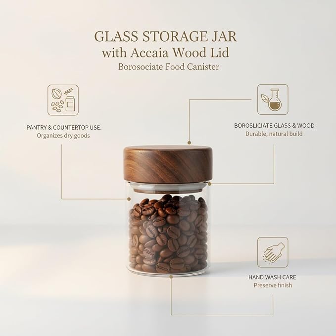 Glass Storage Jar with Acacia Wood Lid, Borosilicate Food Canister for Coffee Beans Tea Sugar Dry Pantry Staples (1 PC) - Image 5
