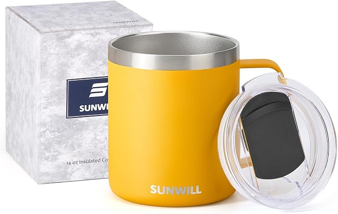 SUNWILL Insulated Coffee Mug with Lid, Travel Tumbler with Handle, 14 oz Stainless Steel Cup for Camping, Office, Home, Powder Coated Yellow - Image 5