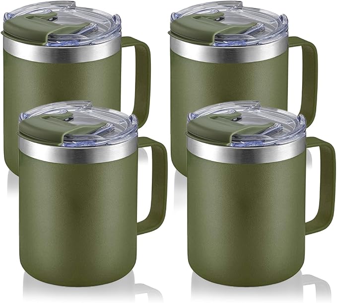 12oz Stainless Steel Insulated Coffee Mug with Handle, Double Wall Vacuum Tumbler Cup with Fliping Lid, Army Green, 4 Pack | Stainless Steel Coffee Tumbler with Lid, Double Wall Vacuum Thermal Cup for Camping by ALOUFEA