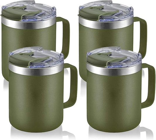 12oz Stainless Steel Insulated Coffee Mug with Handle, Double Wall Vacuum Tumbler Cup with Fliping Lid, Army Green, 4 Pack | Stainless Steel Coffee Tumbler with Lid, Double Wall Vacuum Thermal Cup for Camping by ALOUFEA