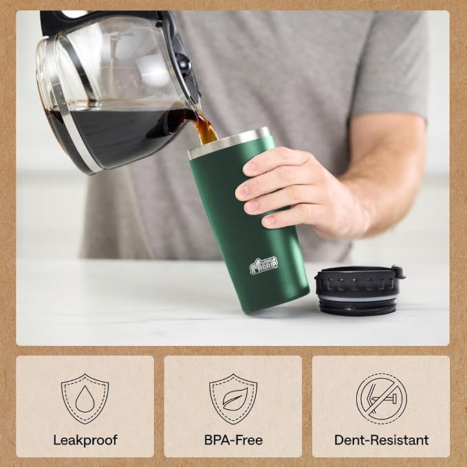 GORILLA GRIP 304 Stainless Steel Double Insulated Travel Coffee Mug, Leakproof Lid with Smooth Sip Top, Prevent Spills, Dent Resistant Reusable Tumbler Cup, Thermal Mugs for Drinks, 20oz, Hunter Green - Image 4