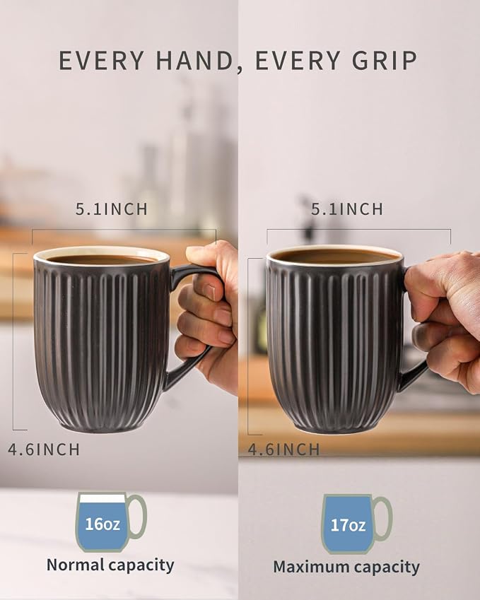 HASENSE 16oz Ceramic Coffee Mugs Set of 4, Black Ribbed Latte Cups with Large Ergonomic Handle, Modern Lightweight, Great for Coffee, Tea & Cocoa, Dishwasher & Microwave Safe - Image 4