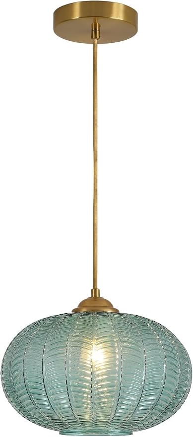 KCO Lighting Green Glass Chandelier Vintage Gold Pendant Light Large Green Ribbed Ceiling Light Antique Brass Hanging Light Mid Century Modern Pendant Lights Kitchen Island by KCOLighting