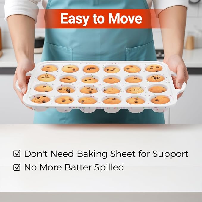 CAKETIME Silicone Mini Muffin Pan, Metal Reinforced Frame 24 Cups Cupcake Pan with Handle Nonstick for Baking Muffins, Cupcakes, Egg Bites - Image 3