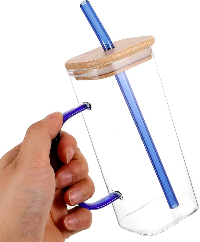 Luxshiny High Temperature Resistant Transparent Glass Cup with Lid and Straw Black Square Tumbler for Iced Coffee Juice Tea Milk Drinking Bottle with Handle for Students and Summer Use