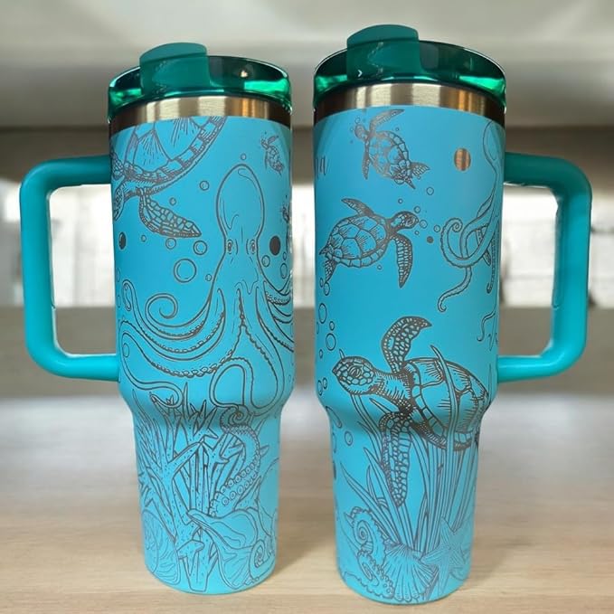 Western Engraved 40oz Tumbler, Tumbler with handle, Cowgirl Tumbler, Country Mug with Handle (Mint/Gold-Sea Animals)
