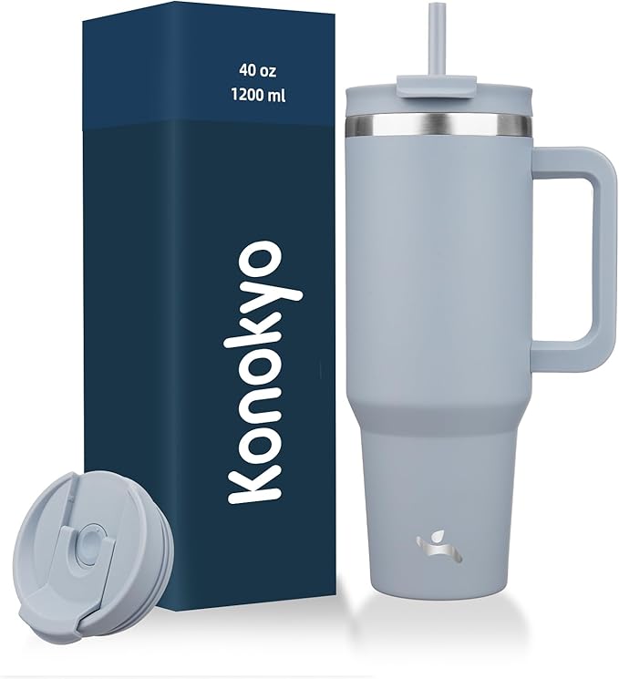 Konokyo 40 oz Insulated Tumbler Water Bottle with Handle, Straw Lid | BPA-free and dishwasher safe; made for gym, travel, coffee and gifting, 2 straws, cup holder friendly,Lavender by Konokyo