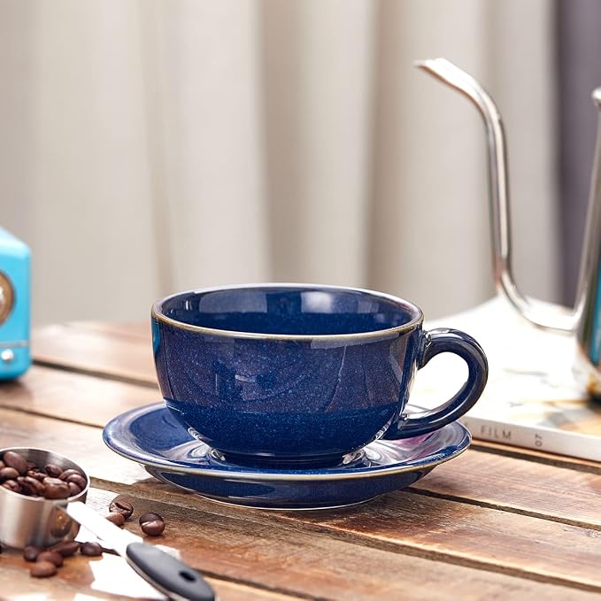 Coffeezone Vintage Design 12 oz Ceramic Latte Art Cappuccino Barista Cup with Saucer (Dark Blue) - Image 3