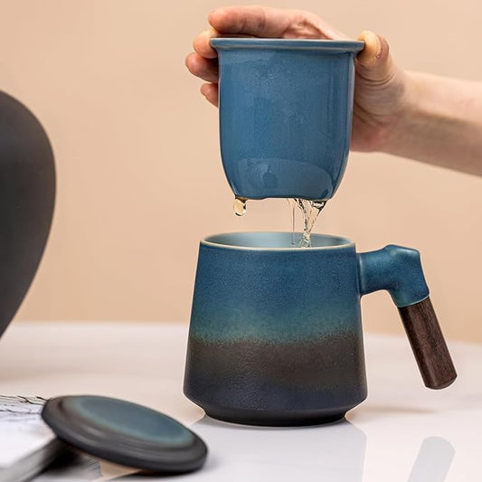 Ceramic Tea Mug with Infuser & Lid, 12.5oz Kiln-Transformed Unique Cup – Nature's Artisan Design, Loose Leaf Tea Cup with Infuser, Insulated Ceramic Coffee Mugs with Lid, Gift for Women/Men