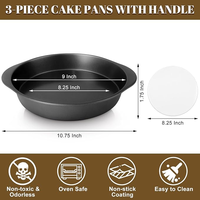 9 Inch Cake Pan Set, 3-Piece Carbon Steel Round Cake Pans with 100 Pre-Cut Parchment Paper Rounds, Nonstick Baking Pans for Layer Cakes, Pizza and Desserts - Image 2