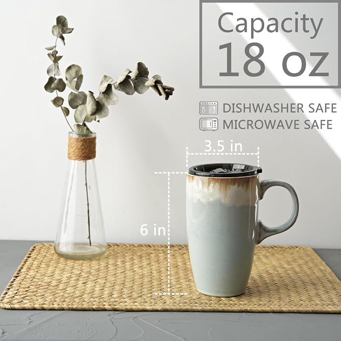 Bosmarlin Ceramic Travel Coffeel Mug with Handle and Lid, 18 oz, Portable Coffee Cup for Car Cup Holder, Microwave and Dishwasher Safe, Reactive Glaze (Light Grey Blue) - Image 2