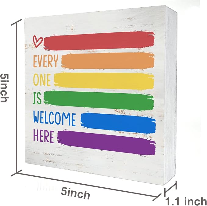 Every One is Welcome Here Wood Box Sign Decor Rustic Pride Rainbow Quote Wooden Box Sign Block Plaque for Wall Tabletop Desk Home Office Classroom Decoration 5" x 5" - Image 2