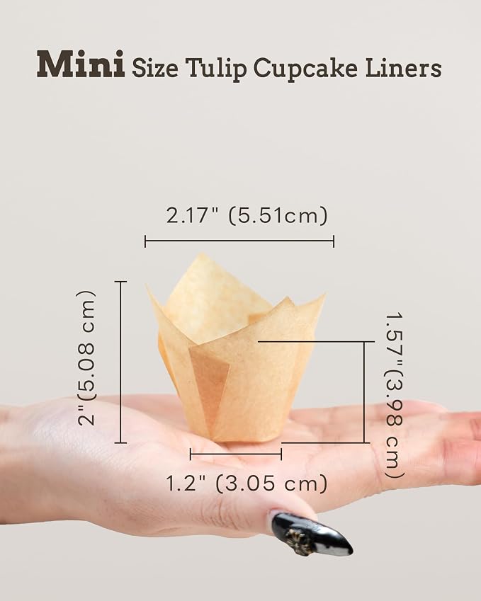 Bake Choice 200pcs Natural Mini Tulip Cupcake Liners for Baking, Unbleached | Mini Tulip Muffin Liners, Greaseproof EU Parchment Paper, for Party, Christmas, Valentines - Image 2