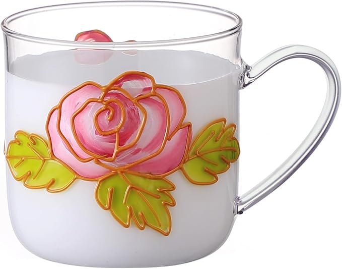 12oz/350ml Hand Painted Glass Cups With Handle,Clear Glass Coffee Cups,Coffee Glasses For Hot Beverages,Clear Mugs (Rose)