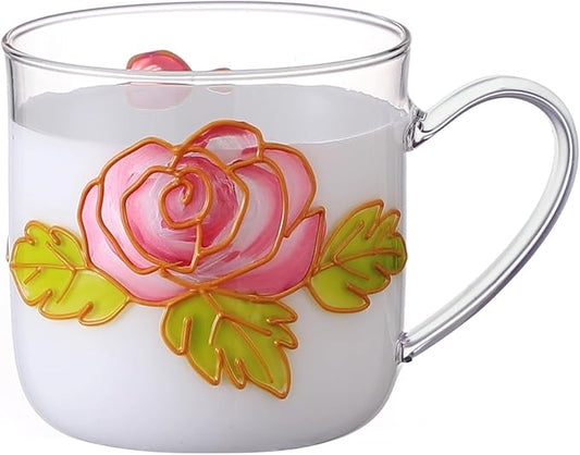 12oz/350ml Hand Painted Glass Cups With Handle,Clear Glass Coffee Cups,Coffee Glasses For Hot Beverages,Clear Mugs (Rose)