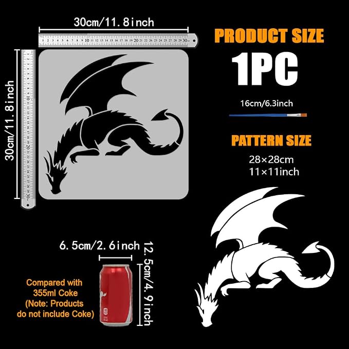 FINGERINSPIRE Dragon Painting Stencil with Paint Brush 11.8x11.8inch Pterosaur Drawing Template Dragon Pattern Stencil Corner Theme Decoration Template for Painting on Wood Wall Fabric Furniture - Image 2