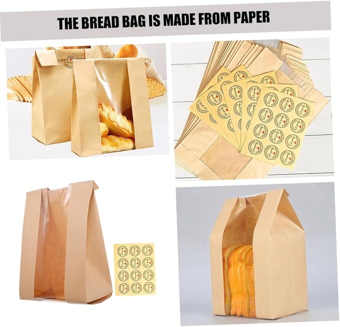 1set Paper Bread Bags Window and Thank You Stickers for Bakery Packaging Oilproof and Design for Homemade Breads and Baked Goods - Image 9