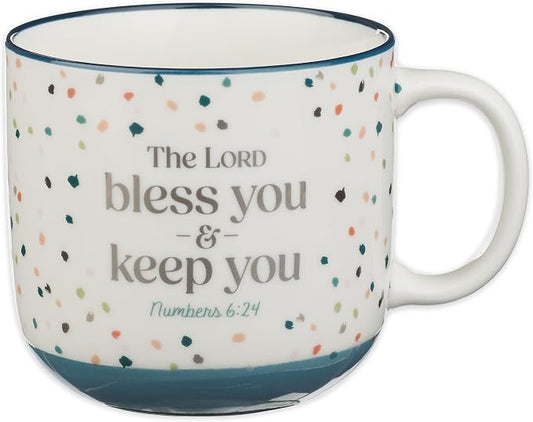 Christian Art Gifts Large Inspirational Ceramic Coffee & Tea Scripture Mug for Women & Men: Lord Bless You & Keep You Encouraging Bible Verse Novelty Cup, Multicolor Confetti Theme, White/Blue, 14 oz. by ChristianArtGifts