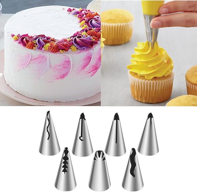 7-Piece Pleated Skirt Piping Nozzles Set, Stainless Steel Piping Nozzles Kit for Pastry Fondant & Cake Decorating Supplies - Baking Tools (Silver)