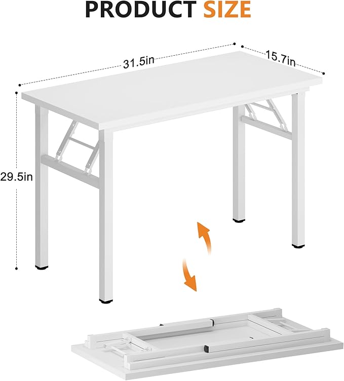 DlandHome 31.5 Inch Small Folding Computer Desk for Home Office, White | Foldable Writing Table for Small Spaces Bedroom, No Assembly Required, Wood Top Metal Frame, Collapsible Compact Easy Storage - Image 3