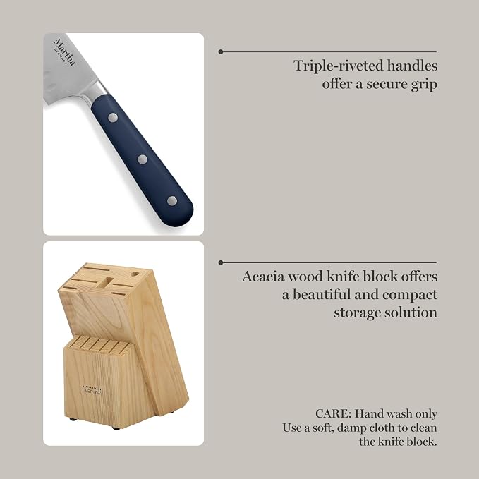 MARTHA STEWART Eastwalk 14 Piece High Carbon Staineless Steel Cutlery Set w/ABS Triple Riveted Forged Handle Acacia Wood Block - Navy Blue - Image 5