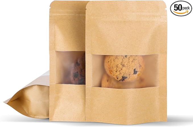 Kraft Paper Bags with Transparent Window, Stand Up Pouches Smell Proof Bags | 50 Pcs 4x6 Inch Resealable Bags for Small Business, Zipper. Food Storage, for Packaging Snacks Cookies Candy by Motomy