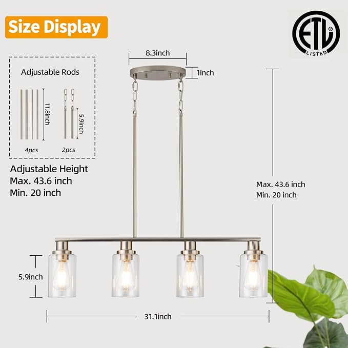 Kitchen Island Lighting, 4-Light Farmhouse Dining Room Light Fixtures Over Table, Linear Chandelier Pendant Lighting for Kitchen Island for Brushed Nickel Finish with Clear Glass Shade - Image 4