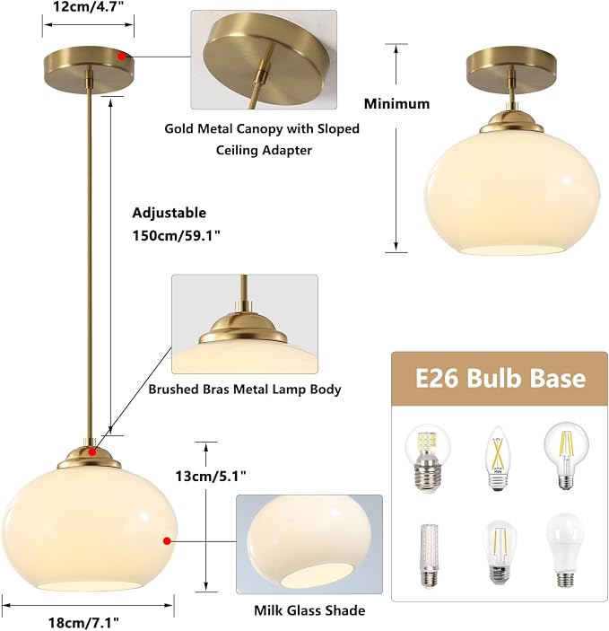KCO Lighting 1-Light Globe Pendant Light Mid Century Modern Pendant Lighting White Glass Hanging Light Fixture Brushed Brass Chandelier Adjustable Light for Dining Room Living Room Bedroom Kitchen - Image 2