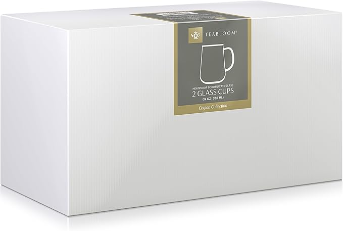 Teabloom Set of 2 Premium Borosilicate Glass Mugs for Tea or Coffee - 12 Ounces / 350 ml - Stain-free and Microwave Safe