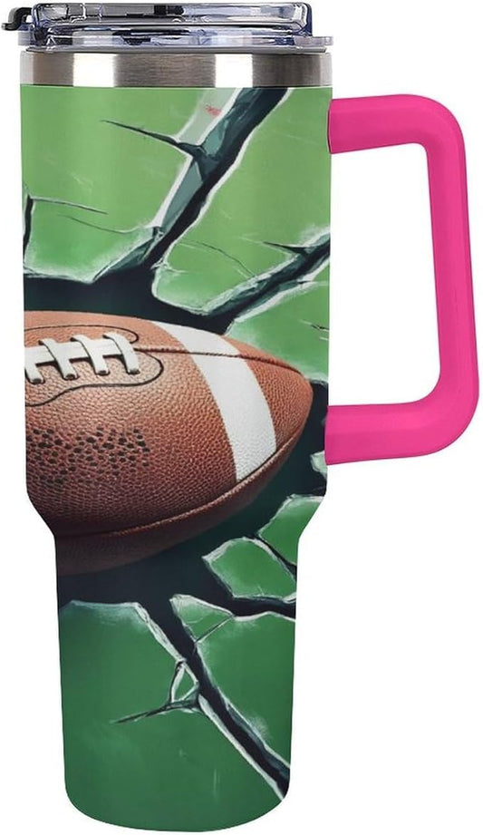 Football Impact on Cracked Glass Tumbler with Handle Insulated Water Travel Coffee Mug Bottle with Lid And Straw Stainless Steel Leak Proof Vacuum Insulated Cup 40 OZ