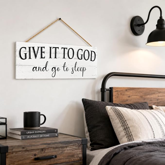 Give It to God and Go to Sleep Sign: Religious Wall Decor for Bedroom, Rustic Farmhouse Canvas Wall Art 6x14.5 Inches, Inspirational Quotes Hanging Plaque Above Bed, Christian Home Decor - Image 5