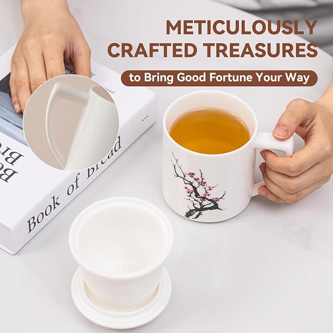 Ceramic Tea Mug with Infuser & Lid - 15oz Loose Leaf Tea Cup with Infuser,Hand-Painted Plum Blossom - Resilience & Elegance,Insulated Ceramic Coffee Mugs with Lid, Gift Set for Women/Men