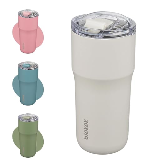 BJPKPK 20oz Spill Proof Coffee Tumbler, Insulated Stainless Steel Cup | Double Wall Vacuum, Leakproof Lid, Keeps Hot/Cold/Iced, BPA Free, Dishwasher Safe, Cupholder, Travel, White by BJPKPK
