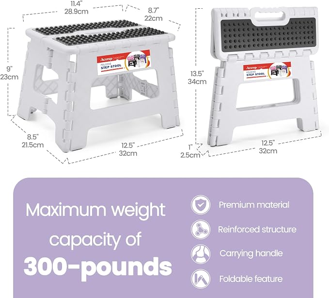 ACSTEP 9" Folding Step Stool, Non-Slip Surface Stool for Kids, Dot White | Heavy Duty Foldable Stools, Lightweight, Holds 300 lb, for Toddler Kitchen Bathroom Bedroom Outdoor, Collapsible with Handle - Image 4
