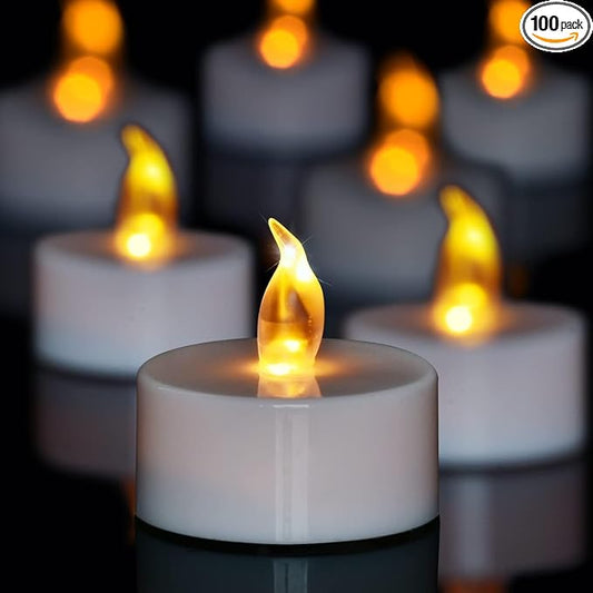 100 Pack LED Tea Lights Bulk, Realistic Flickering Battery Candles (200+ Hours), Warm Amber Flameless Votives for Church Vigils, Restaurant Ambiance, Spa & Wedding Reception (Warm Yellow) by Candlium