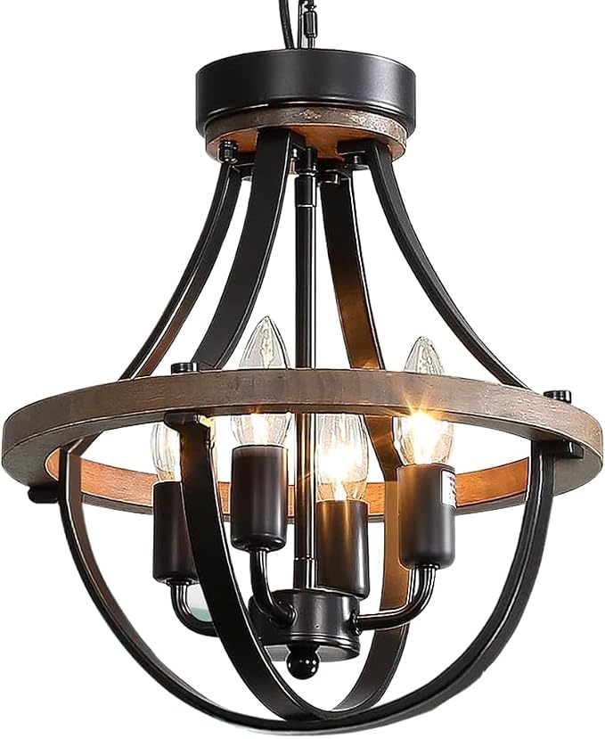 Chandeliers，Farmhouse Ceiling Chandelier Wood Black Modern Rustic Hanging Pendant Light Fixture with Chain for Dining Room Living Room Entryway Kitchen Island Bedroom Foyer Lighting（4-Light） by ThreebroBrand