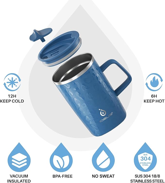 Ideus 16 oz Insulated Stainless Steel Coffee Mug with Lid, Leopard Blue | Perfect for home, office, or daily use| Easy to clean wide mouth| Sweat-proof| On the go - Image 2