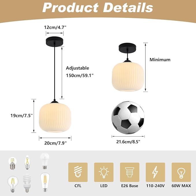 KCO Lighting Small Vintage 7.9” Black White Milk Ribbed Glass Pendant Light | Adjustable Cord E26 Hardwired Mid Century Modern Hanging Light for Sloped Ceilings Kitchen Island Bar Bedroom Dining Room - Image 2