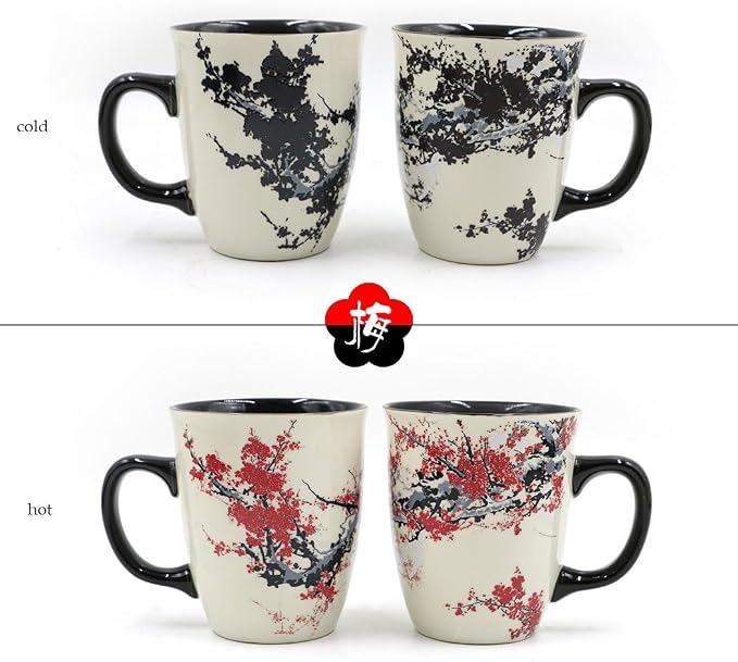 Color Changing Heat Sensitive Magic Funny Art Mug Large Coffee Tea Plum Blossom Porcelain Mugs for Women Mom grandma Gifts 16oz Black Change Glow Red Cups - Image 7