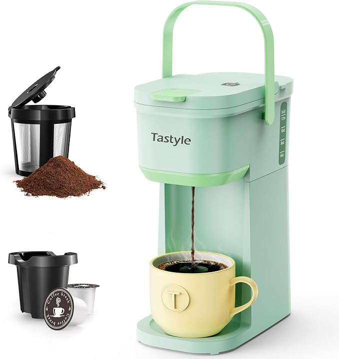 Tastyle Mini Single Serve Coffee Maker for K Cups and Grounds with Handle | for Travel, Camping, Office, RV and Dorm, Portable Handle, 120V, 6 to 12 Oz Brew Size, BPA Free, K302, Oasis by Tastyle