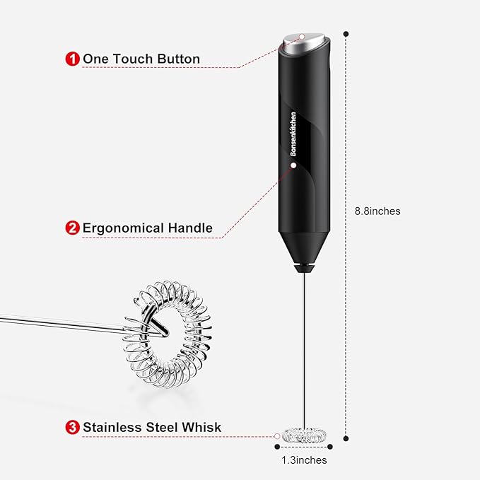 Bonsenkitchen Milk Frother for Coffee, Battery Operated （Not Iincluded) | Fast Handheld Drink Mixer with Stainless Steel Whisk, Powerful Hand Frother, Creates Rich Foam - Image 6