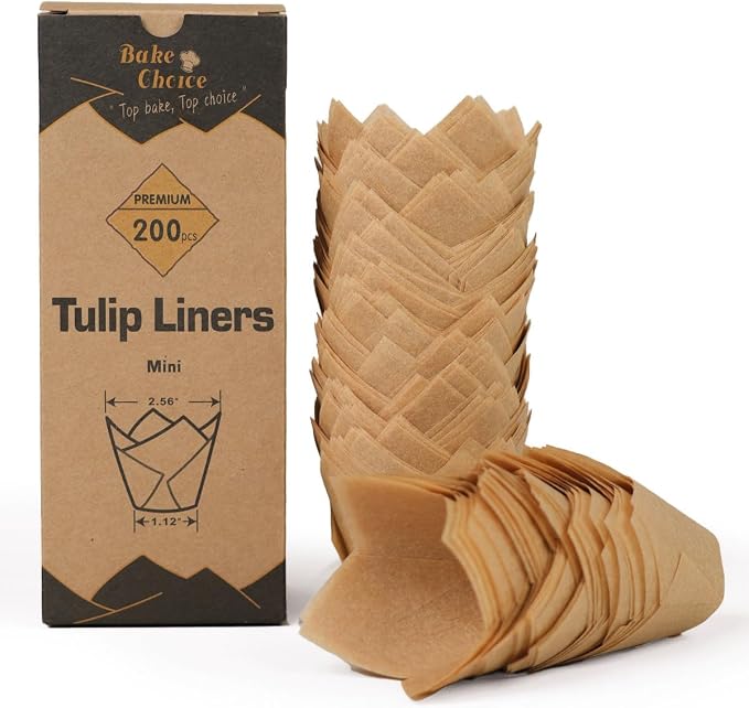 Bake Choice 200pcs Natural Mini Tulip Cupcake Liners for Baking, Unbleached | Mini Tulip Muffin Liners, Greaseproof EU Parchment Paper, for Party, Christmas, Valentines by BakeChoice