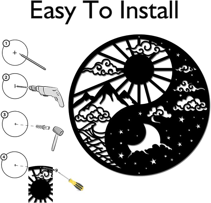 INFUNLY Yin Yang Wall Art Decor 11.8x11.8 Inches Moon Sun and Stars Wall Art with Mountain and Lake Cloud Tai Chi Chakra Wall Decor Wall Sculpture for Yoga Meditation Zen Room Bedroom Decoration - Image 3