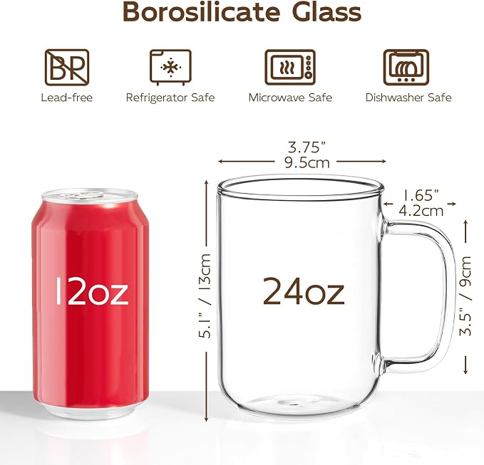 Glass Coffee Mugs, 24 oz Ice coffee cups, Large Clear Tea Cups Set of 2, Glass Mugs with Handles, Glass Cups for Latte, Cappuccino, and Tea - Image 2