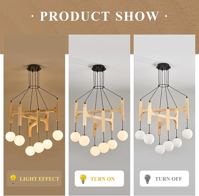 Wooden Chandeliers L28 '' Natural Farmhouse 6-Light Milk Glass Pendant Light Rustic Mid Century Long Hanging Lighting for Living Dining Room Entryway Foyer Bedroom Kitchen,G9 - Image 7