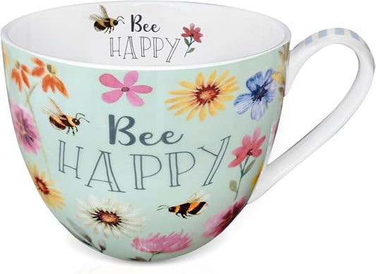 20 oz Bees & Flowers Coffee Hug Mug,“Be Happy” Designed to Spread Joy, Premium Bone China, Best Gifts for Mom Women Mothers Day, Designed in England by Harvest Green Studio by MFoffice