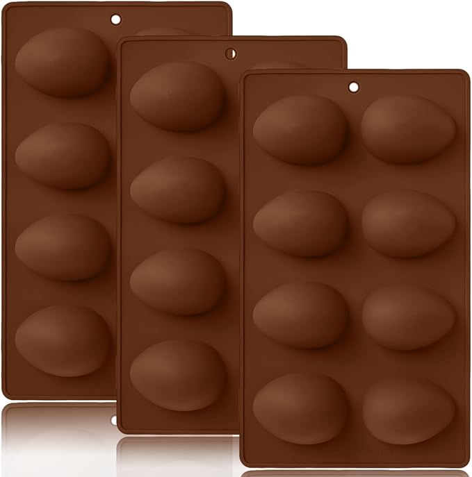 3 Pack 3D Easter Egg Silicone Molds, 8 Cavity Egg Shape Non-stick Baking Molds Tray DIY Baking Tool for Easter Chocolate Cake Dessert Muffin Mousse Pastry Handmade Soap Crayons(Brown) by BENEKIY