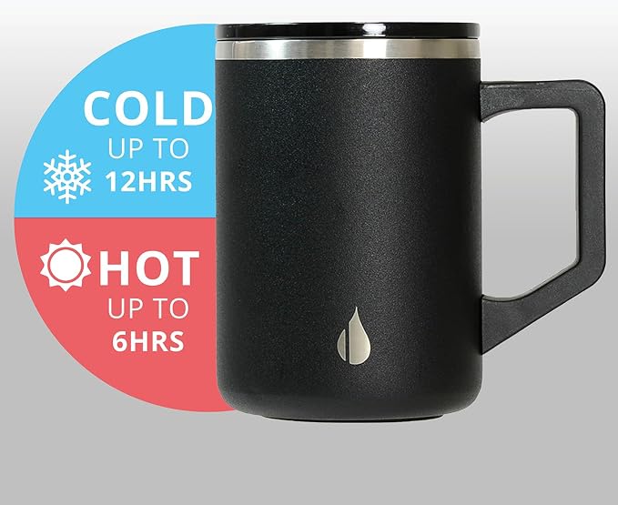 Elemental Insulated Coffee Mug - Triple-Wall Stainless Steel Summit Travel Cup for Hot and Cold Drinks - Thermal Coffee Mug with Lid and Handle for Camping, Office & Travel 16oz - Black - Image 7