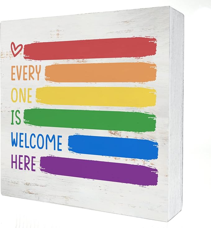 Every One is Welcome Here Wood Box Sign Decor Rustic Pride Rainbow Quote Wooden Box Sign Block Plaque for Wall Tabletop Desk Home Office Classroom Decoration 5" x 5" by HDKY